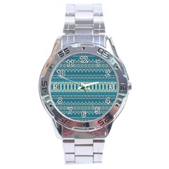 Boho Blue Teal Striped Stainless Steel Analogue Watch by SpinnyChairDesigns