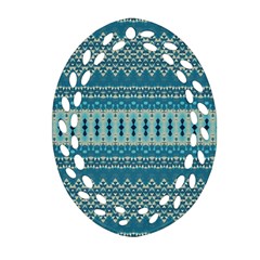 Boho Blue Teal Striped Ornament (oval Filigree) by SpinnyChairDesigns