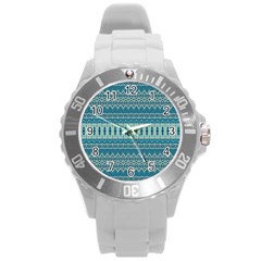 Boho Blue Teal Striped Round Plastic Sport Watch (l) by SpinnyChairDesigns