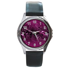 Magenta Black Swirl Round Metal Watch by SpinnyChairDesigns