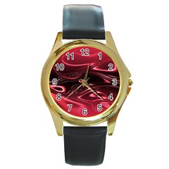 Crimson Red Black Swirl Round Gold Metal Watch by SpinnyChairDesigns