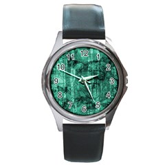 Biscay Green Black Textured Round Metal Watch by SpinnyChairDesigns