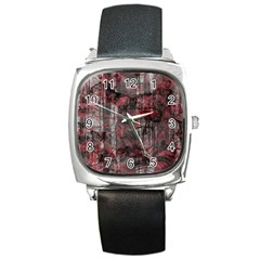 Red Black Abstract Texture Square Metal Watch by SpinnyChairDesigns