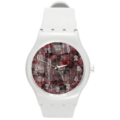 Red Black Abstract Texture Round Plastic Sport Watch (m) by SpinnyChairDesigns