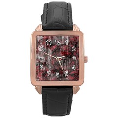 Red Black Abstract Texture Rose Gold Leather Watch  by SpinnyChairDesigns