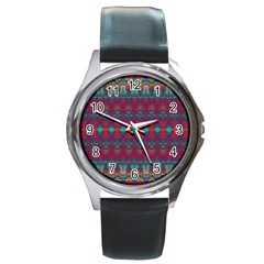 Boho Red Teal Pattern Round Metal Watch by SpinnyChairDesigns