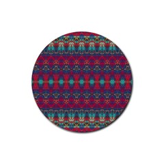 Boho Red Teal Pattern Rubber Round Coaster (4 Pack)  by SpinnyChairDesigns