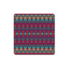 Boho Red Teal Pattern Square Magnet by SpinnyChairDesigns