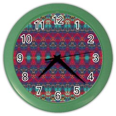 Boho Red Teal Pattern Color Wall Clock by SpinnyChairDesigns