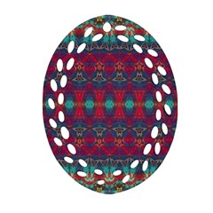 Boho Red Teal Pattern Ornament (oval Filigree) by SpinnyChairDesigns