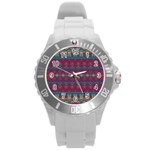 Boho Red Teal Pattern Round Plastic Sport Watch (L) Front