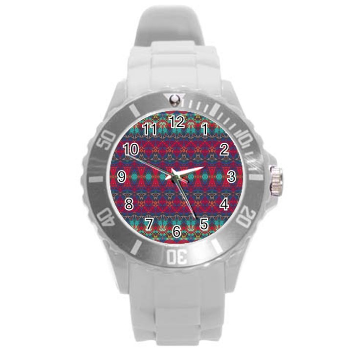 Boho Red Teal Pattern Round Plastic Sport Watch (L)