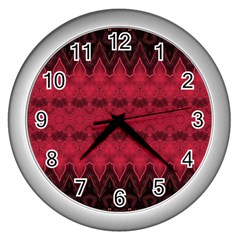 Boho Red Black Pattern Wall Clock (silver) by SpinnyChairDesigns