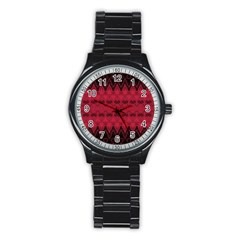 Boho Red Black Pattern Stainless Steel Round Watch by SpinnyChairDesigns