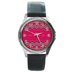 Boho Aztec Stripes Rose Pink Round Metal Watch by SpinnyChairDesigns