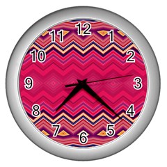 Boho Aztec Stripes Rose Pink Wall Clock (silver) by SpinnyChairDesigns