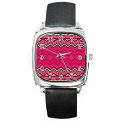 Boho Aztec Stripes Rose Pink Square Metal Watch by SpinnyChairDesigns