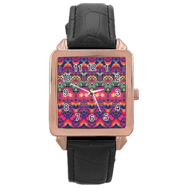 Boho Colorful Pattern Rose Gold Leather Watch 