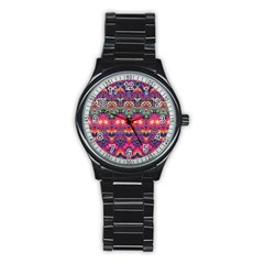 Boho Colorful Pattern Stainless Steel Round Watch by SpinnyChairDesigns