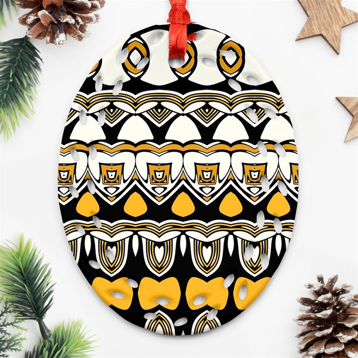 Boho Black White Yellow Oval Filigree Ornament (Two Sides)