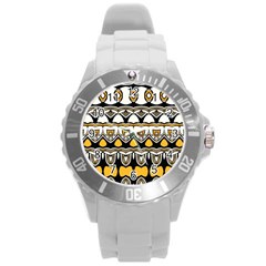 Boho Black White Yellow Round Plastic Sport Watch (l) by SpinnyChairDesigns