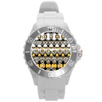 Boho Black White Yellow Round Plastic Sport Watch (L) Front