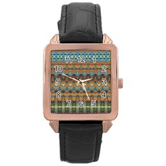 Boho Earth Colors Pattern Rose Gold Leather Watch  by SpinnyChairDesigns