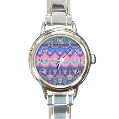 Boho Patchwork Violet Pink Green Round Italian Charm Watch by SpinnyChairDesigns