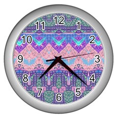 Boho Patchwork Violet Pink Green Wall Clock (silver) by SpinnyChairDesigns