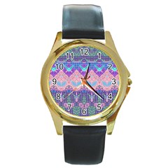 Boho Patchwork Violet Pink Green Round Gold Metal Watch by SpinnyChairDesigns