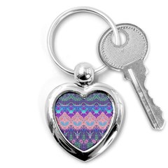 Boho Patchwork Violet Pink Green Key Chain (heart) by SpinnyChairDesigns