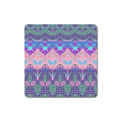 Boho Patchwork Violet Pink Green Square Magnet by SpinnyChairDesigns