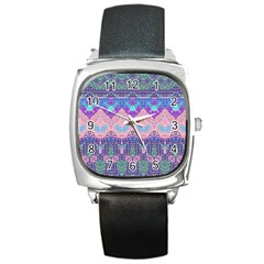 Boho Patchwork Violet Pink Green Square Metal Watch by SpinnyChairDesigns