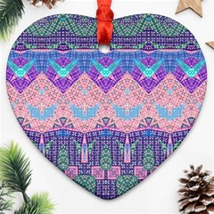 Boho Patchwork Violet Pink Green Heart Ornament (two Sides) by SpinnyChairDesigns