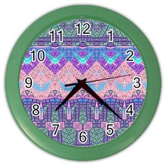 Boho Patchwork Violet Pink Green Color Wall Clock by SpinnyChairDesigns