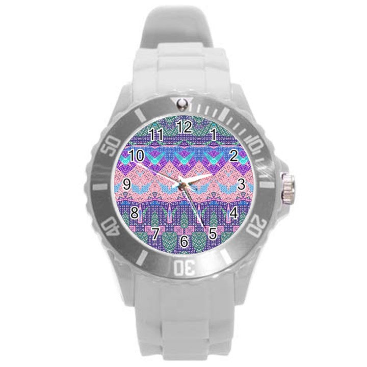 Boho Patchwork Violet Pink Green Round Plastic Sport Watch (L)