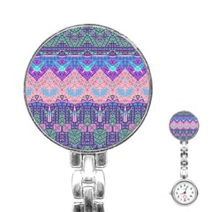 Boho Patchwork Violet Pink Green Stainless Steel Nurses Watch by SpinnyChairDesigns