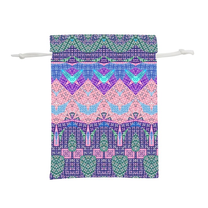 Boho Patchwork Violet Pink Green Lightweight Drawstring Pouch (L)