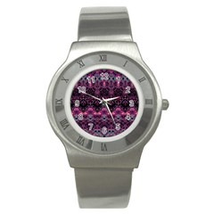 Boho Magenta Black Pattern Stainless Steel Watch by SpinnyChairDesigns