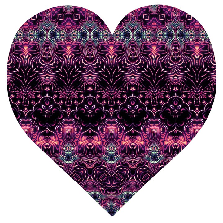 Boho Magenta Black Pattern Wooden Puzzle Heart