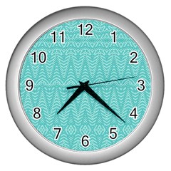 Boho Teal Pattern Wall Clock (silver) by SpinnyChairDesigns