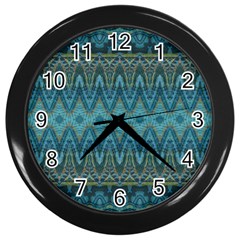 Boho Teal Blue Pattern Wall Clock (black) by SpinnyChairDesigns