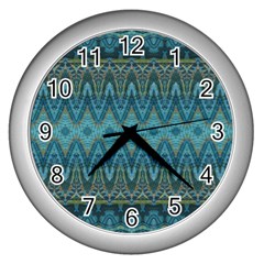 Boho Teal Blue Pattern Wall Clock (silver) by SpinnyChairDesigns