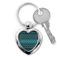 Boho Teal Blue Pattern Key Chain (heart) by SpinnyChairDesigns