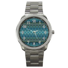 Boho Teal Blue Pattern Sport Metal Watch by SpinnyChairDesigns