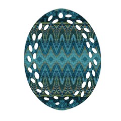 Boho Teal Blue Pattern Ornament (oval Filigree) by SpinnyChairDesigns