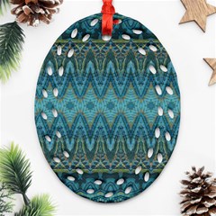 Boho Teal Blue Pattern Oval Filigree Ornament (two Sides) by SpinnyChairDesigns