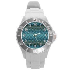 Boho Teal Blue Pattern Round Plastic Sport Watch (l) by SpinnyChairDesigns