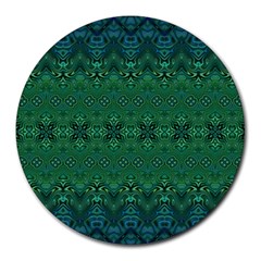 Boho Emerald Green And Blue  Round Mousepads by SpinnyChairDesigns