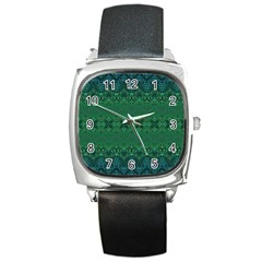 Boho Emerald Green And Blue  Square Metal Watch by SpinnyChairDesigns